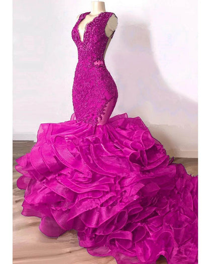 Luxury Royal Blue Lace Beaded Mermaid Dress - Ruffled Evening Gown - Buy Center UK