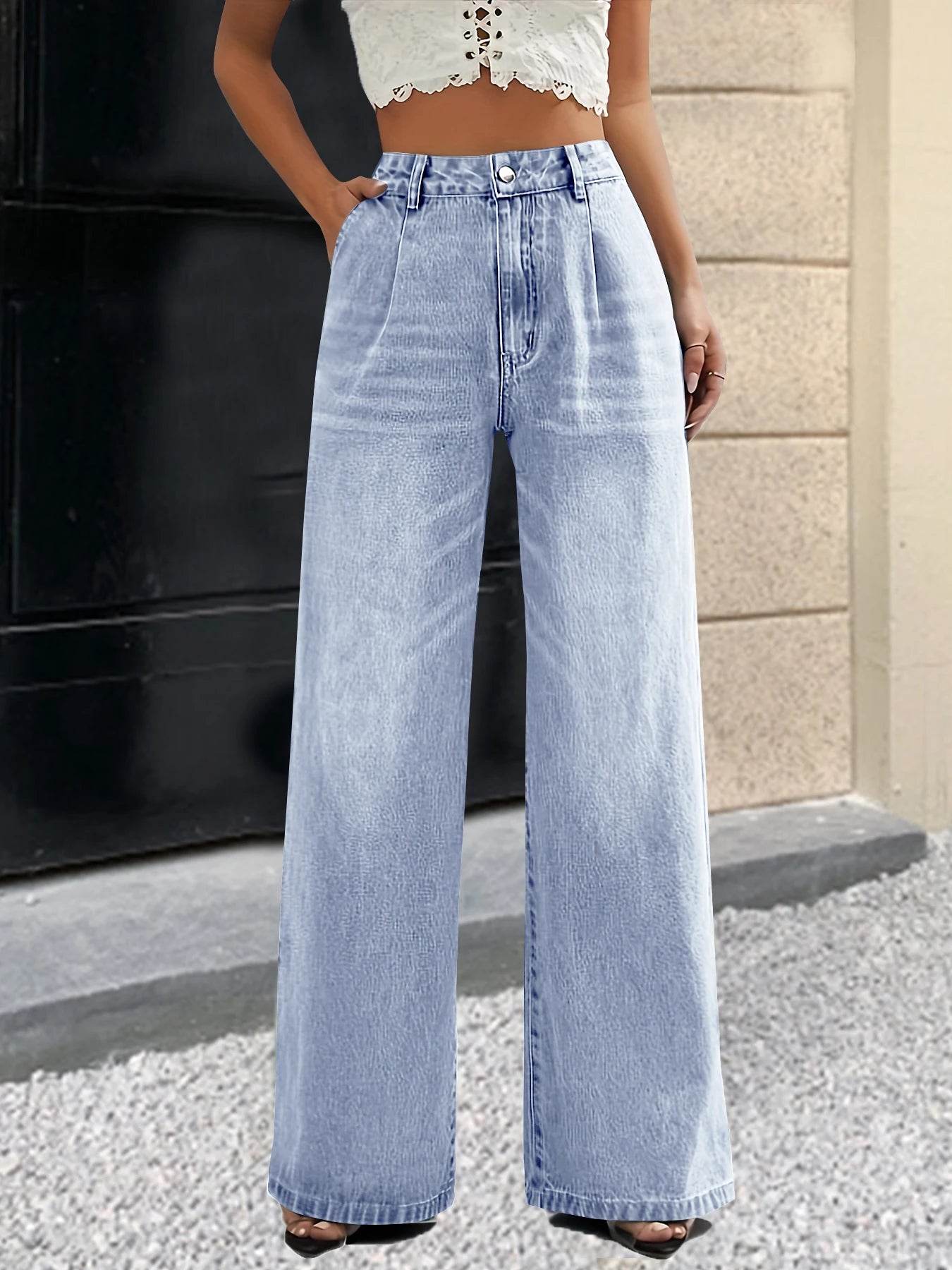 Buy Center Women's Solid Color Jeans - Wide Leg Casual Style - Buy Center UK