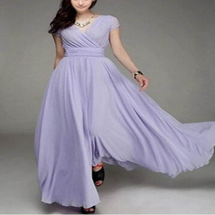Elegant Women's Short-Sleeved Chiffon Dress - Floor-Length Bohemian Style - Buy Center UK
