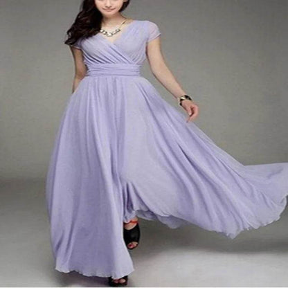 Elegant Women's Short-Sleeved Chiffon Dress - Floor-Length Bohemian Style - Buy Center UK