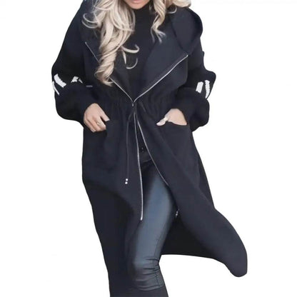 Women's Long Hooded Coat - Patchwork Sleeves & Drawstring Waist - Buy Center UK