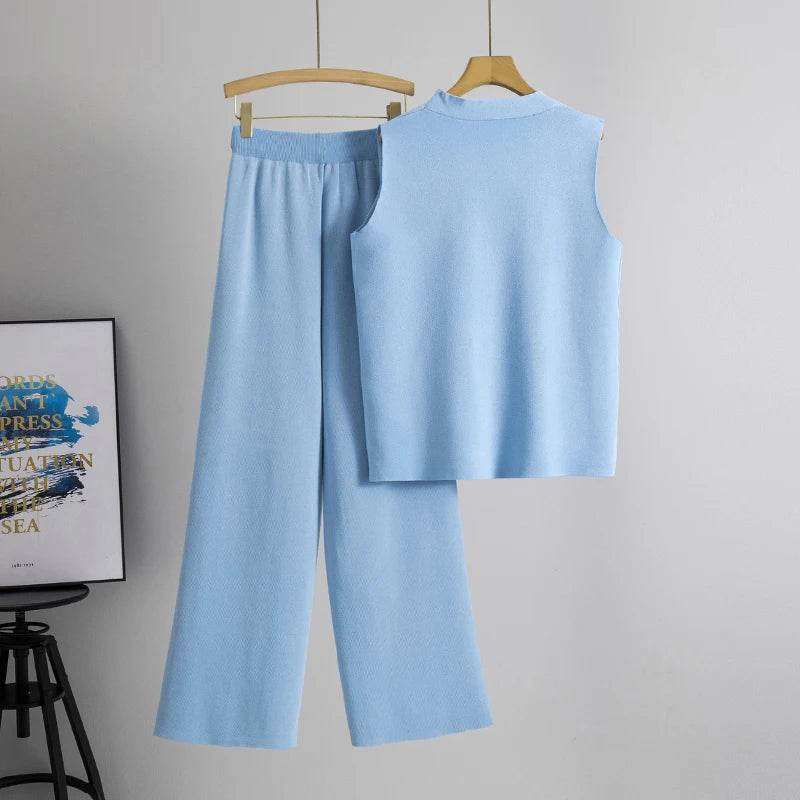 Buy Center Casual Knit Women’s Suit - V-neck Sleeveless & Wide Leg Pants - Buy Center UK