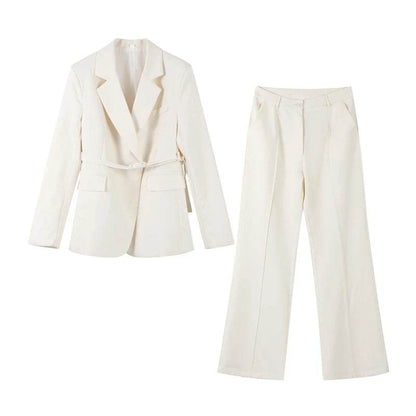 Women's Blazer Suit Trouser Set - High Waist Pants & Lace-Up Coat - Buy Center UK