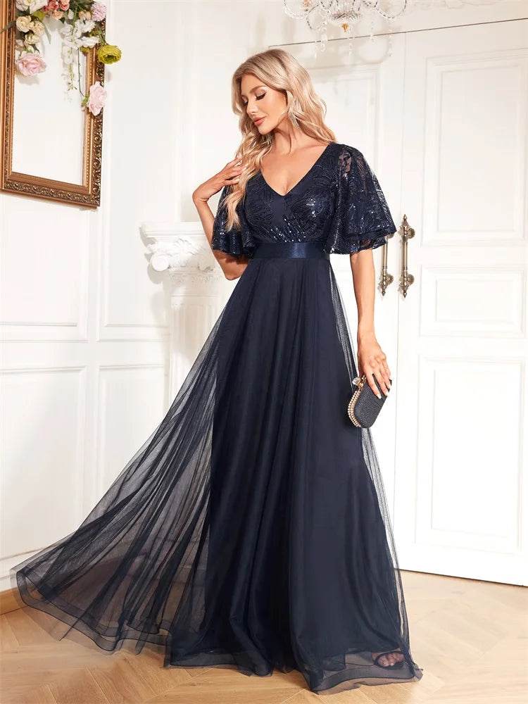 Luxury Blue V-Neck Sequins Evening Dress - Elegant Floor-Length Gown - Buy Center UK