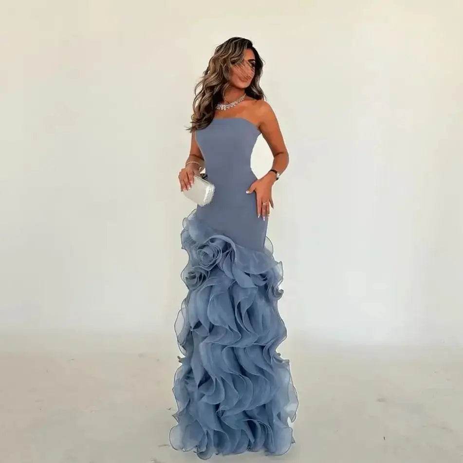 Strapless Mermaid Blue Evening Dress - Elegant Floor-Length Gown - Buy Center UK