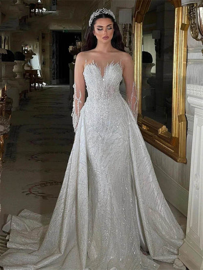Beading Bride Dresses 2 in 1 - Customizable Wedding Gown with Detachable Train - Buy Center UK