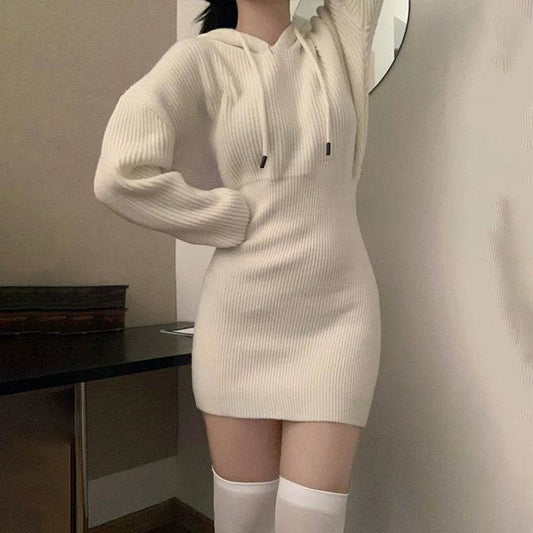 Buy Center Sexy White Knit Mini Dress - Hooded, High Waist, Long Sleeve - Buy Center UK