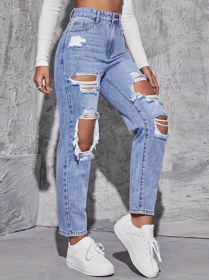 Buy Center High Waist Hole-Punched Jeans - Women’s Wide-Legged Style - Buy Center UK