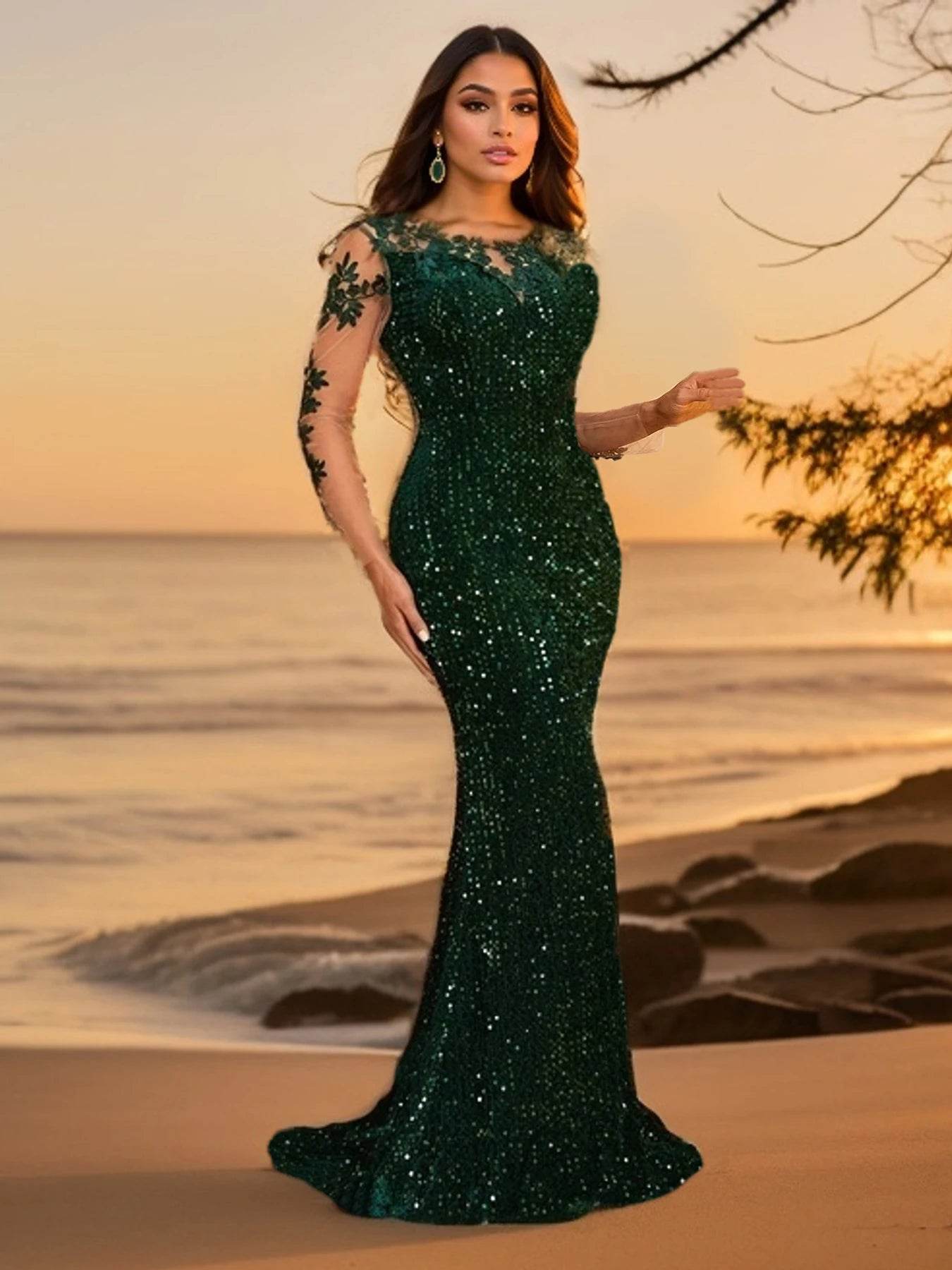 Romagic O Neck Long Sleeve Floral Sequin Dress - Elegant Party Wear - Buy Center UK