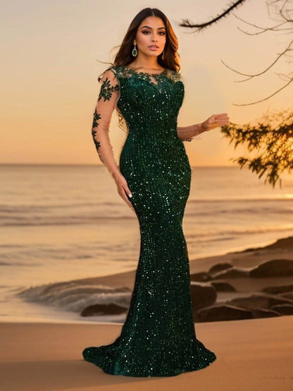 Romagic O Neck Long Sleeve Floral Sequin Dress - Elegant Party Wear - Buy Center UK