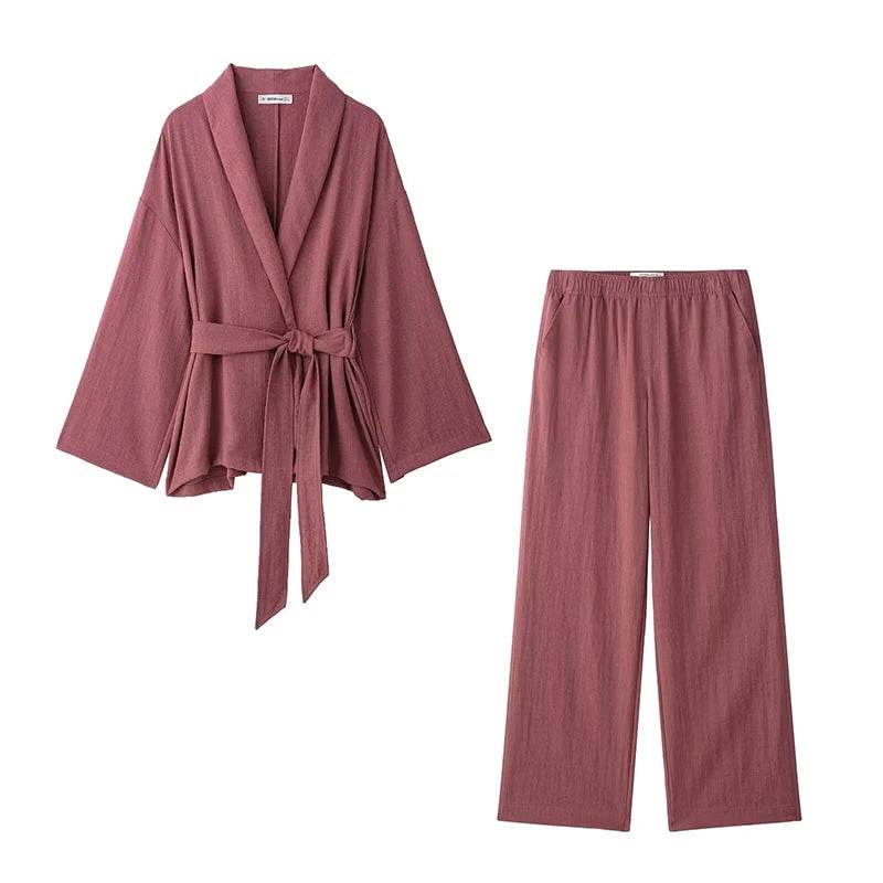 RAFZNB Women's Mid Waist Pants Set - Kimono Coat & Flare Trousers - Buy Center UK