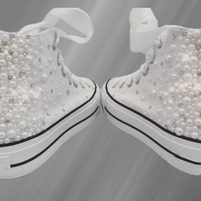 Hand-Made Pearl Rhinestone Canvas Shoes - High Top Women's Size 35-40 - Buy Center UK