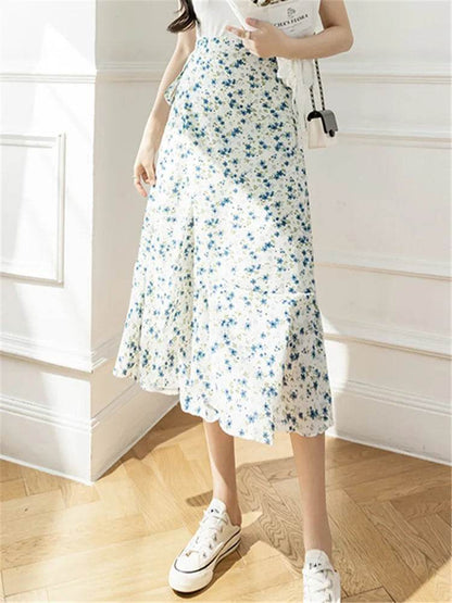 REALEFT Vintage Floral A-line Skirt - High Waist Midi Length - Buy Center UK