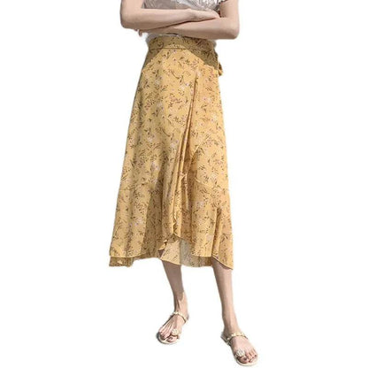 REALEFT Vintage Floral A-line Skirt - High Waist Midi Length - Buy Center UK