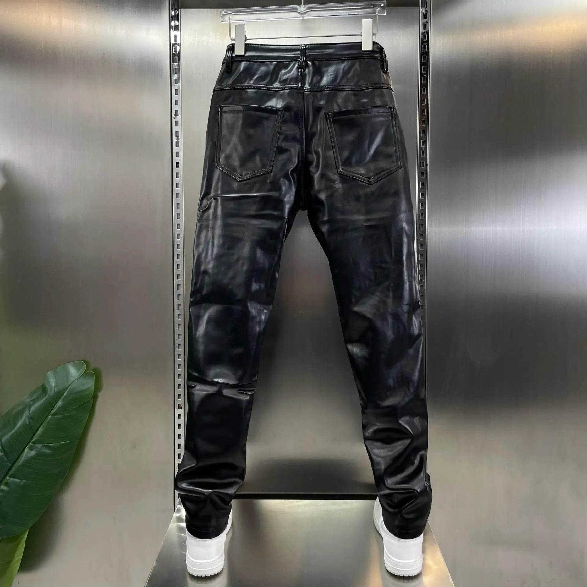Buy Center Windproof Leather Pants - Slim Fit, Rivet & Zipper Decor - Buy Center UK