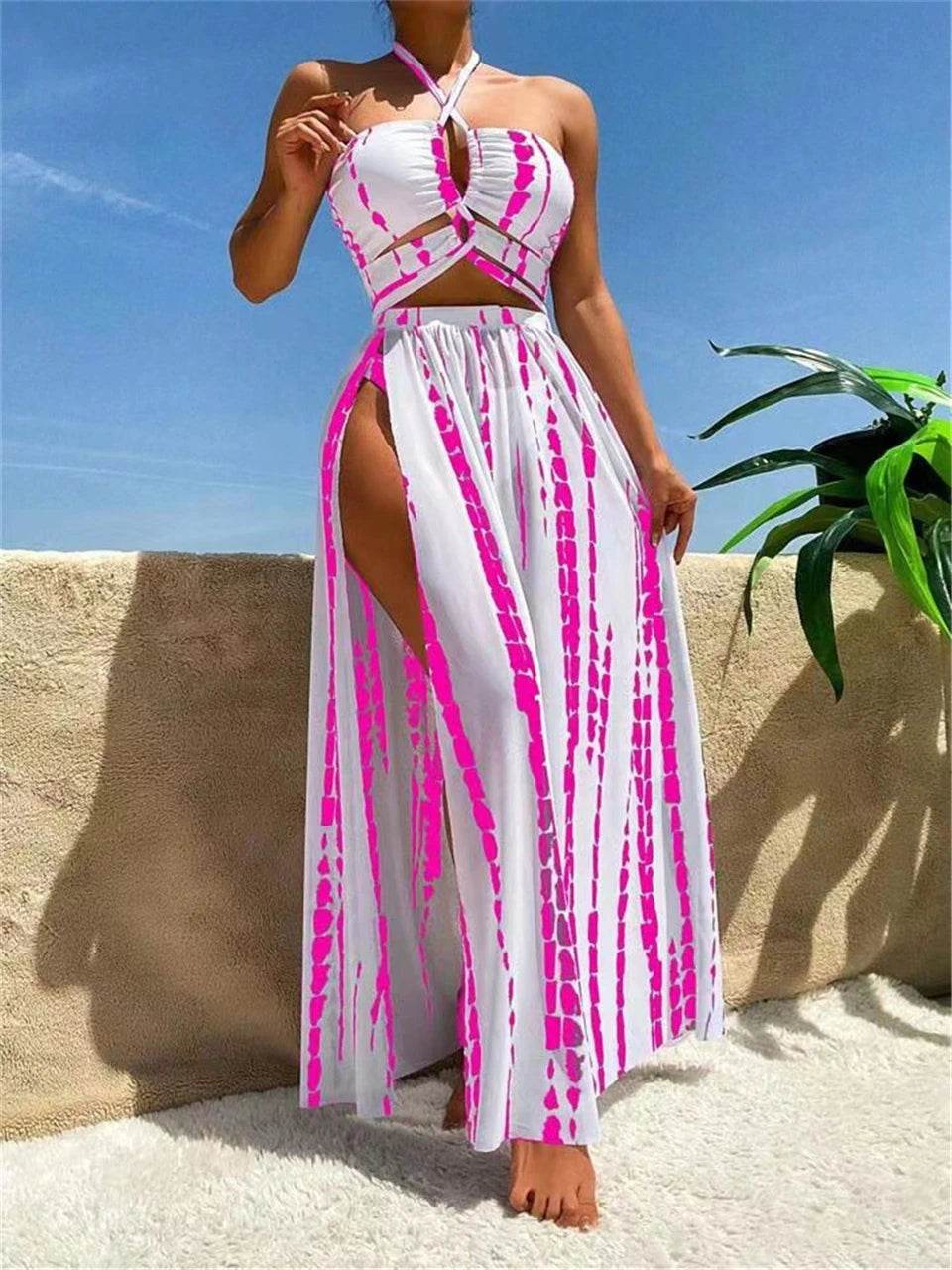 Buy Center 3 Pieces Tie Dye Bikini Set - Sexy Halter & Cover-Up Pants - Buy Center UK