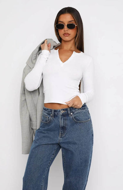 Buy Center Womens V Neck Henley T Shirt - Y2K Slim Fit Crop Top - Buy Center UK