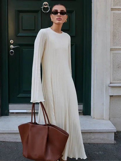 Buy Center Solid Knitted Long Dress - Slim Fit O-neck, Pleated Style - Buy Center UK