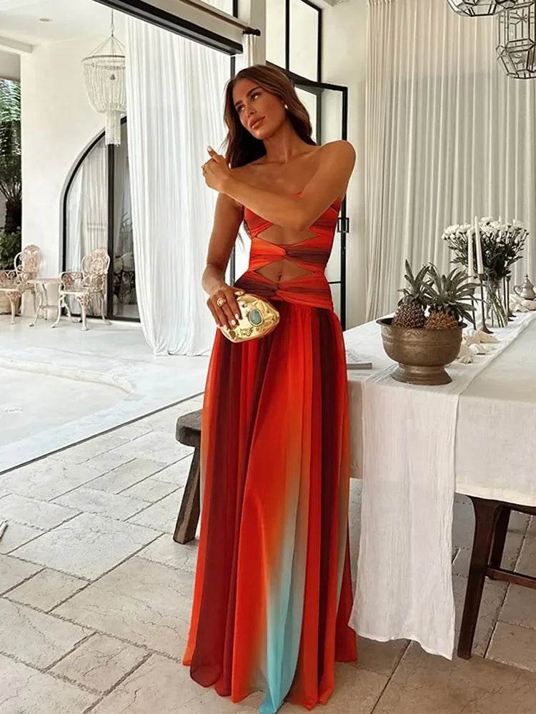 Buy Center Gradient Print Maxi Dress - Sexy Strapless Backless Style - Buy Center UK