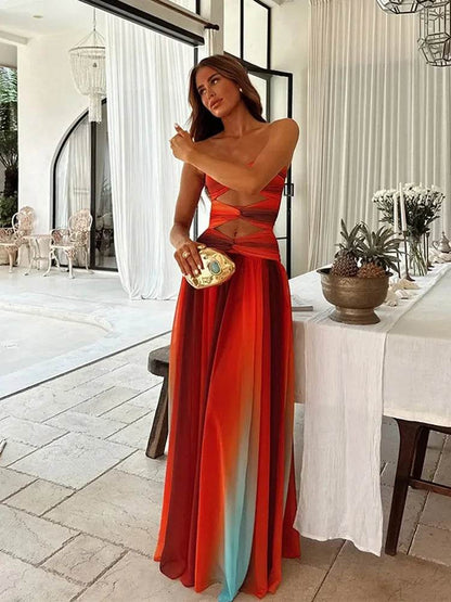 Buy Center Gradient Print Maxi Dress - Sexy Strapless Backless Style - Buy Center UK