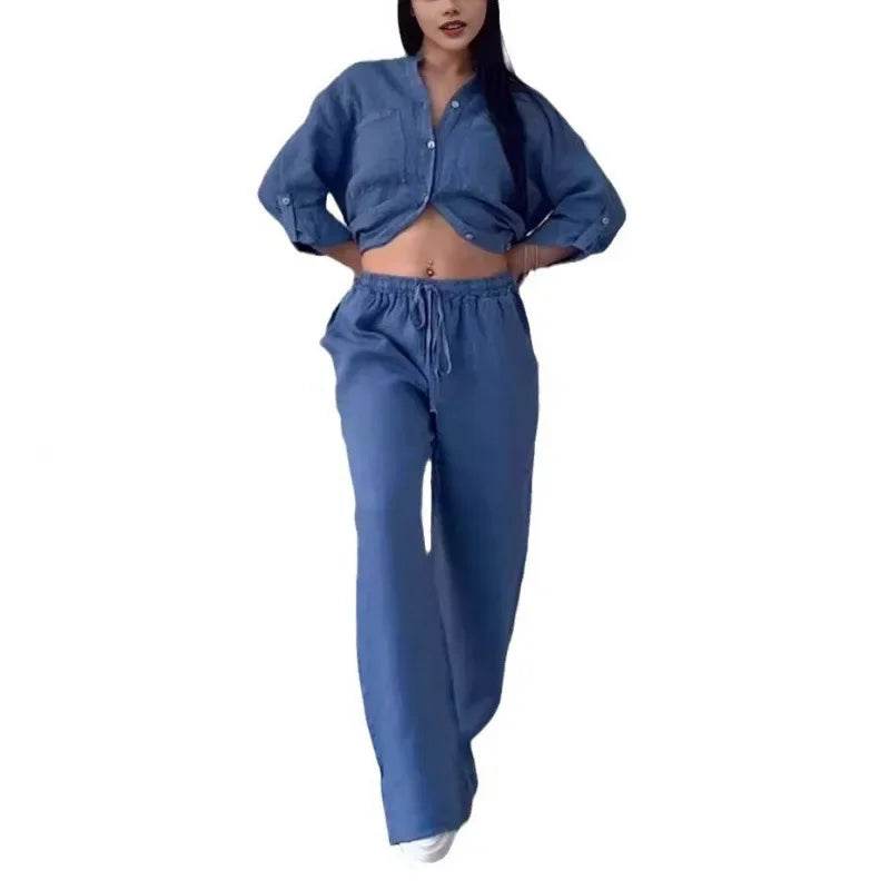 Buy Center Women's Linen Drawstring Shirt & Wide Leg Pants Set - Buy Center UK