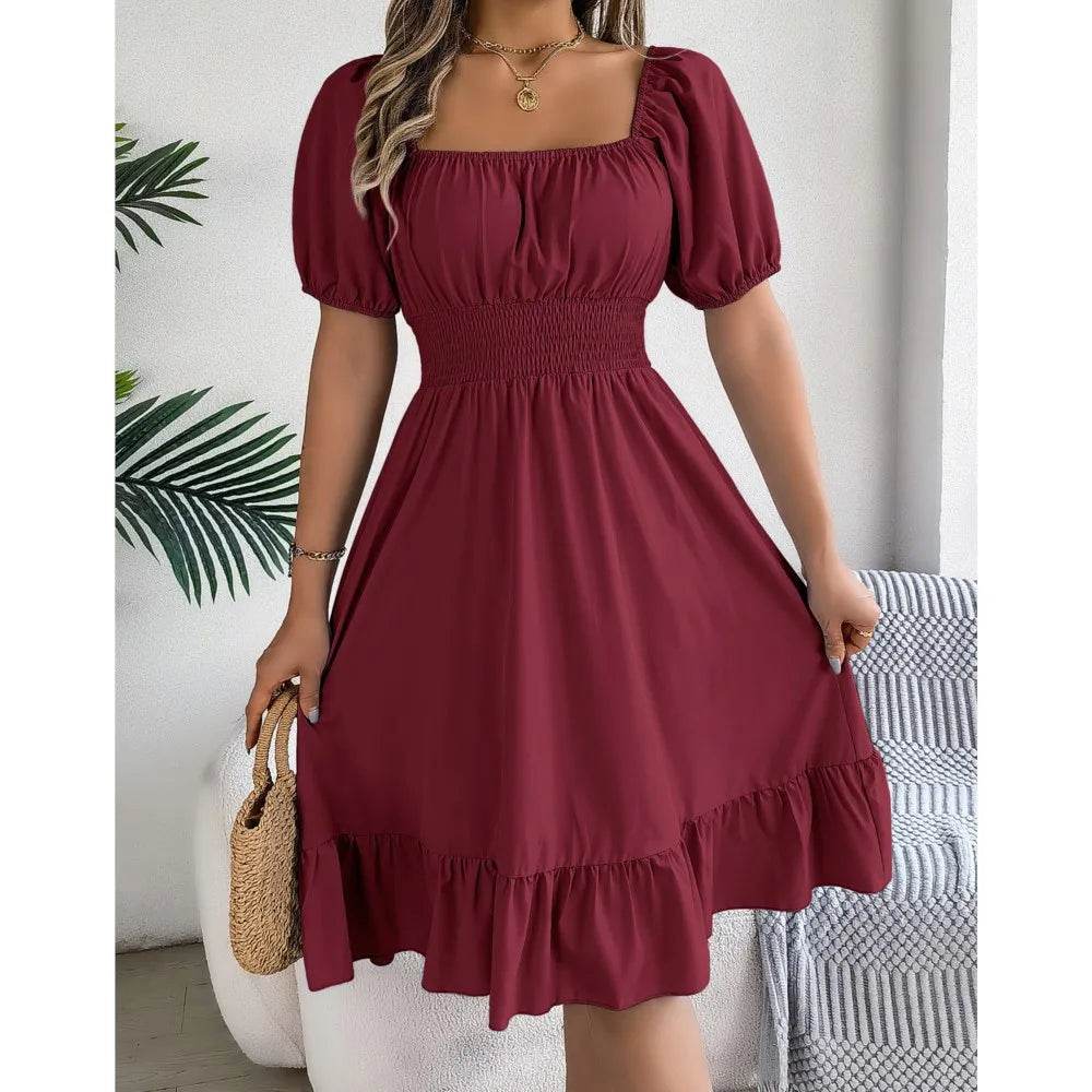 Women's Midi Dress 2024 - Elegant Square Neck and Ruffle Edge - Buy Center UK