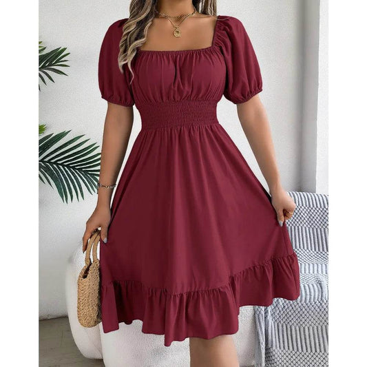 Women's Midi Dress 2024 - Elegant Square Neck and Ruffle Edge - Buy Center UK