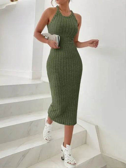 Buy Center Ribbed Midi Dress - Solid Halter Neck Bodycon Style - Buy Center UK