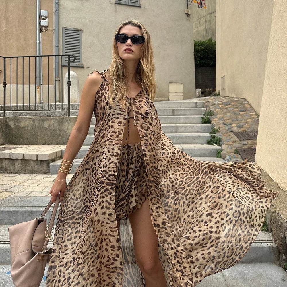 Buy Center Women's Beach Dress Set - Chiffon Halter & Leopard Shorts - Buy Center UK
