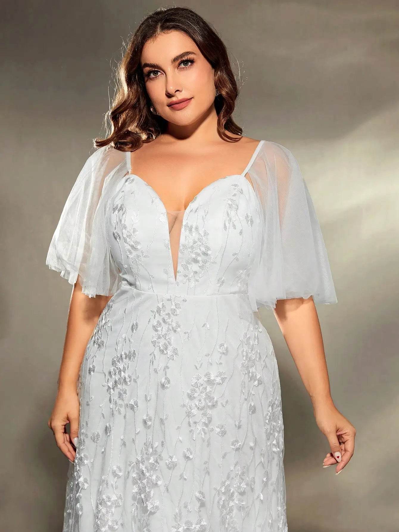 Mgiacy Plus Size V-Neck Wedding Gown - Embroidered Lace Detail - Buy Center UK