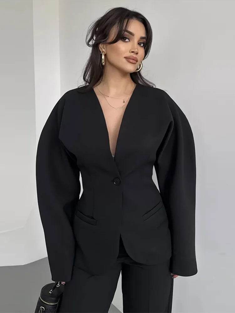 Elegant Blazer Pants Set for Women - Deep V-neck, Shoulder Pads - Buy Center UK