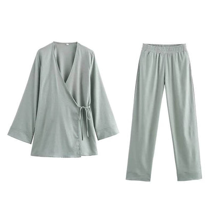 TFMLN Women's Kimono Style Set - Fashion Linen Tops & Wide Leg Pants - Buy Center UK