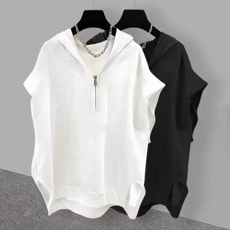 Buy Center Summer Zipper Hooded Sleeveless Tee - Korean Fashion - Buy Center UK