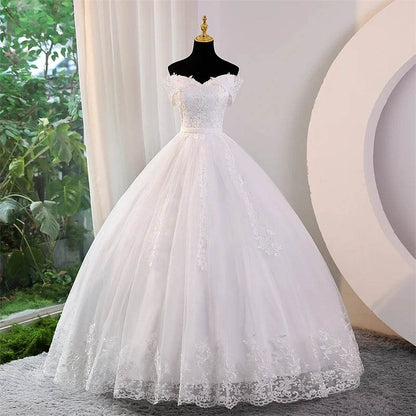 Elegant Plus Size White Wedding Dress - Off The Shoulder, Appliques - Buy Center UK
