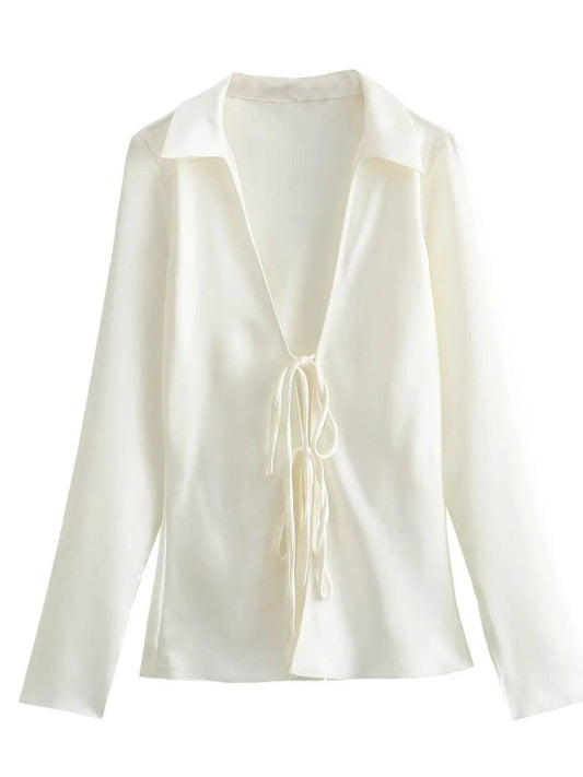 XNWMNZ Satin Silk Texture Shirt - Trendy Bow Tie, Long Sleeve Blouse - Buy Center UK