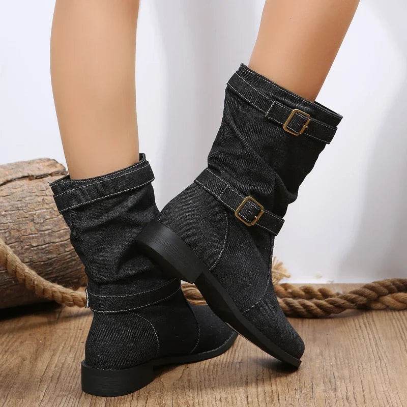 Buy Center Women's Mid Calf Denim Boots - Comfortable Round Toe Design - Buy Center UK