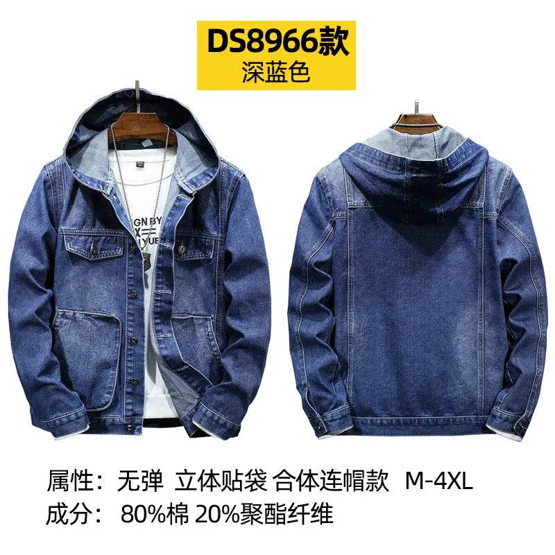 Buy Center Men’s Hooded Denim Jacket - Casual Spring Style, Pockets - Buy Center UK