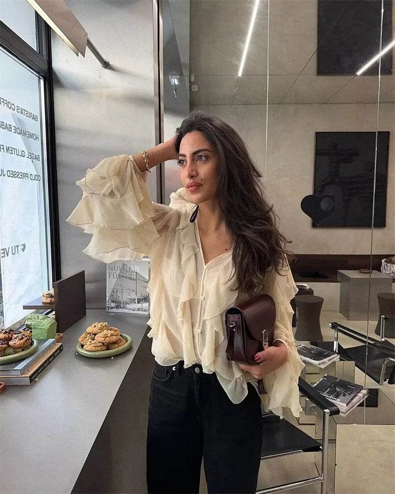 Ruffles Elegant Long Sleeve Blouse for Women - Lightweight Spring Style - Buy Center UK