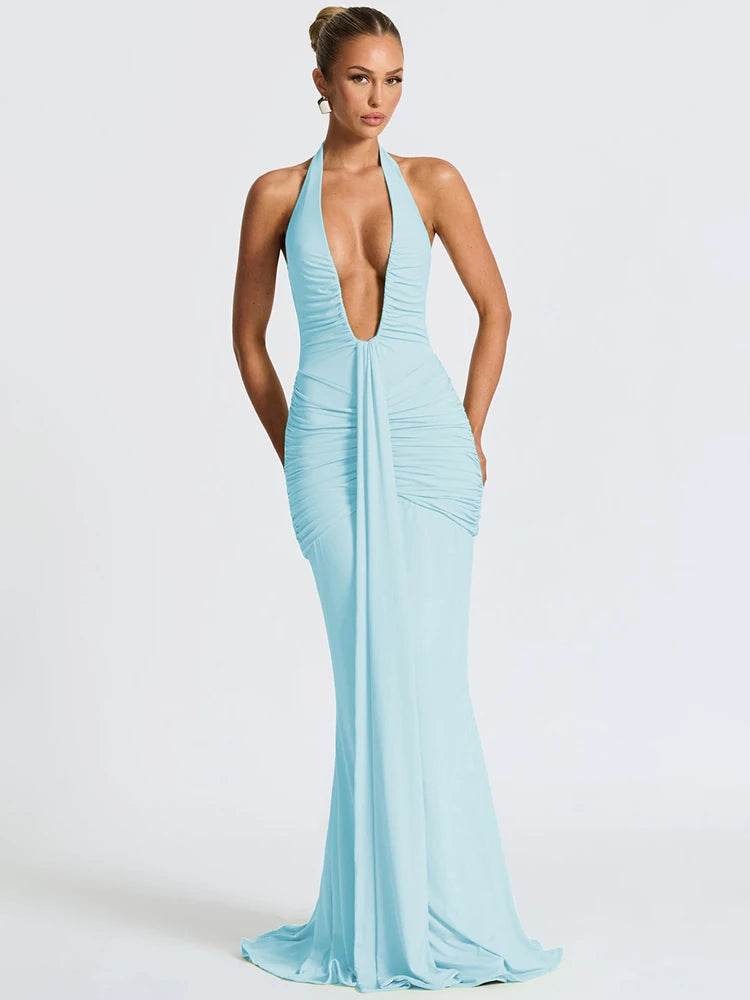 Mozision Sexy Deep V Neck Backless Maxi Dress - Halter Gown for Women - Buy Center UK
