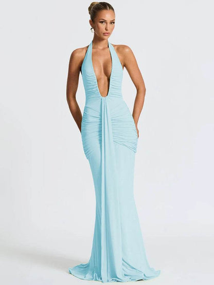 Mozision Sexy Deep V Neck Backless Maxi Dress - Halter Gown for Women - Buy Center UK