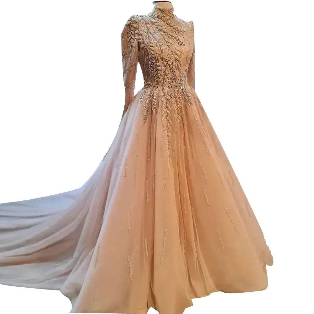 Elegant Dubai Muslim Prom Dress - High Neck Lace Applique Gown - Buy Center UK