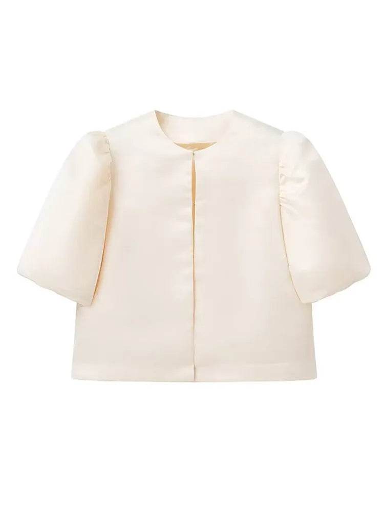 Buy Center Women's Solid Satin Blouse - Pouf Balloon Sleeves, Loose Fit - Buy Center UK