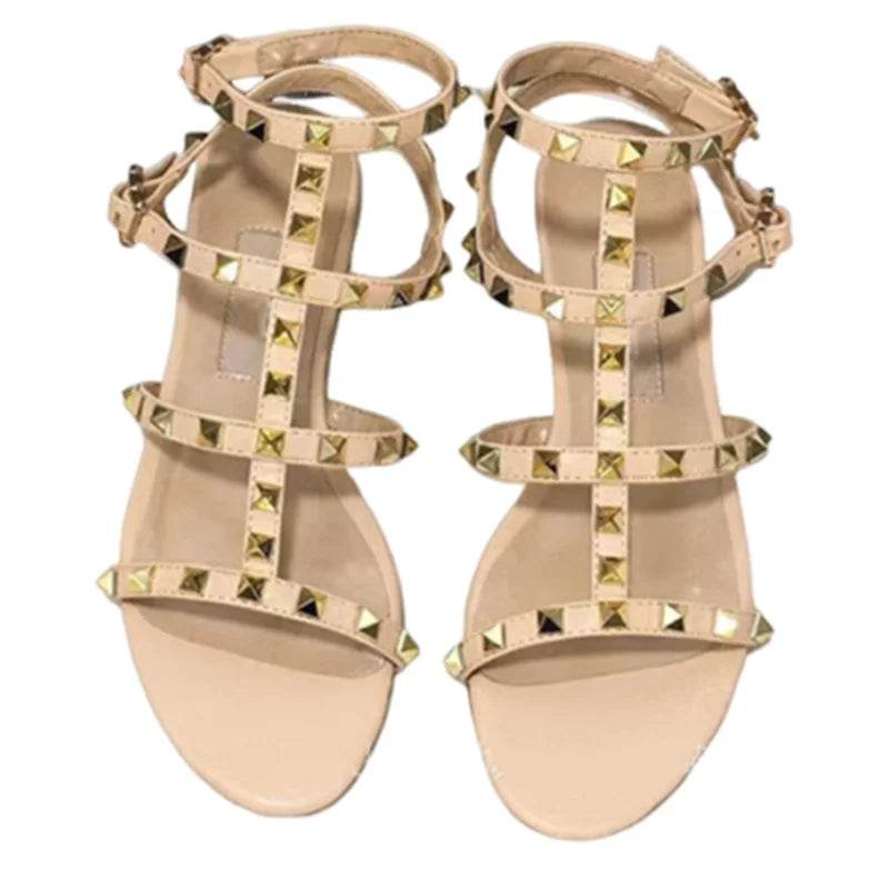 Women’s Gold Rivets Sandals - Soft Leather Flats in Purple Red - Buy Center UK
