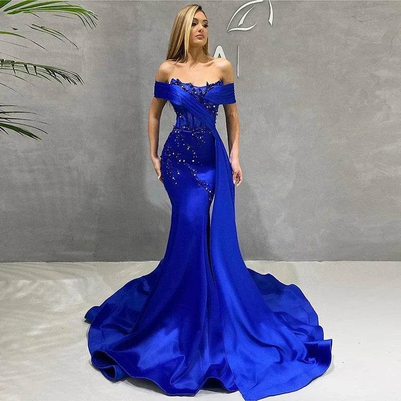 Sexy Luxury Satin Blue Mermaid Dress - Strapless Evening Gown - Buy Center UK