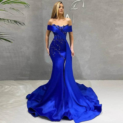 Sexy Luxury Satin Blue Mermaid Dress - Strapless Evening Gown - Buy Center UK