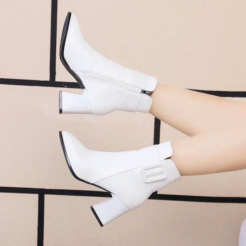 Elegant Women's High Heel Ankle Boots - Square Toe & Buckle Detail - Buy Center UK