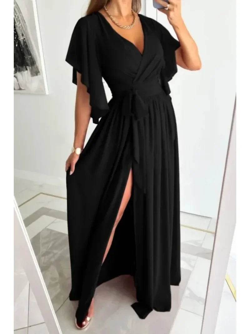 Buy Center Women's Flare Sleeve V-Neck Dress - Casual Floor Slit Style - Buy Center UK