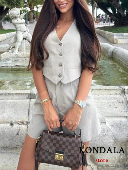 TRAFZA Casual Women Suits - V Neck Blazer & Wide Leg Shorts - Buy Center UK