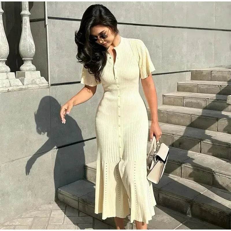 Elegant Women's Knit Dress - Slim O-Neck, Short Sleeve A-Line - Buy Center UK