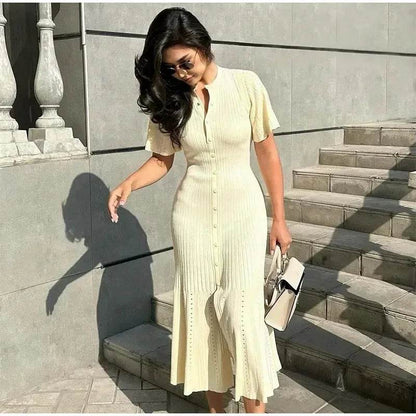 Elegant Women's Knit Dress - Slim O-Neck, Short Sleeve A-Line - Buy Center UK